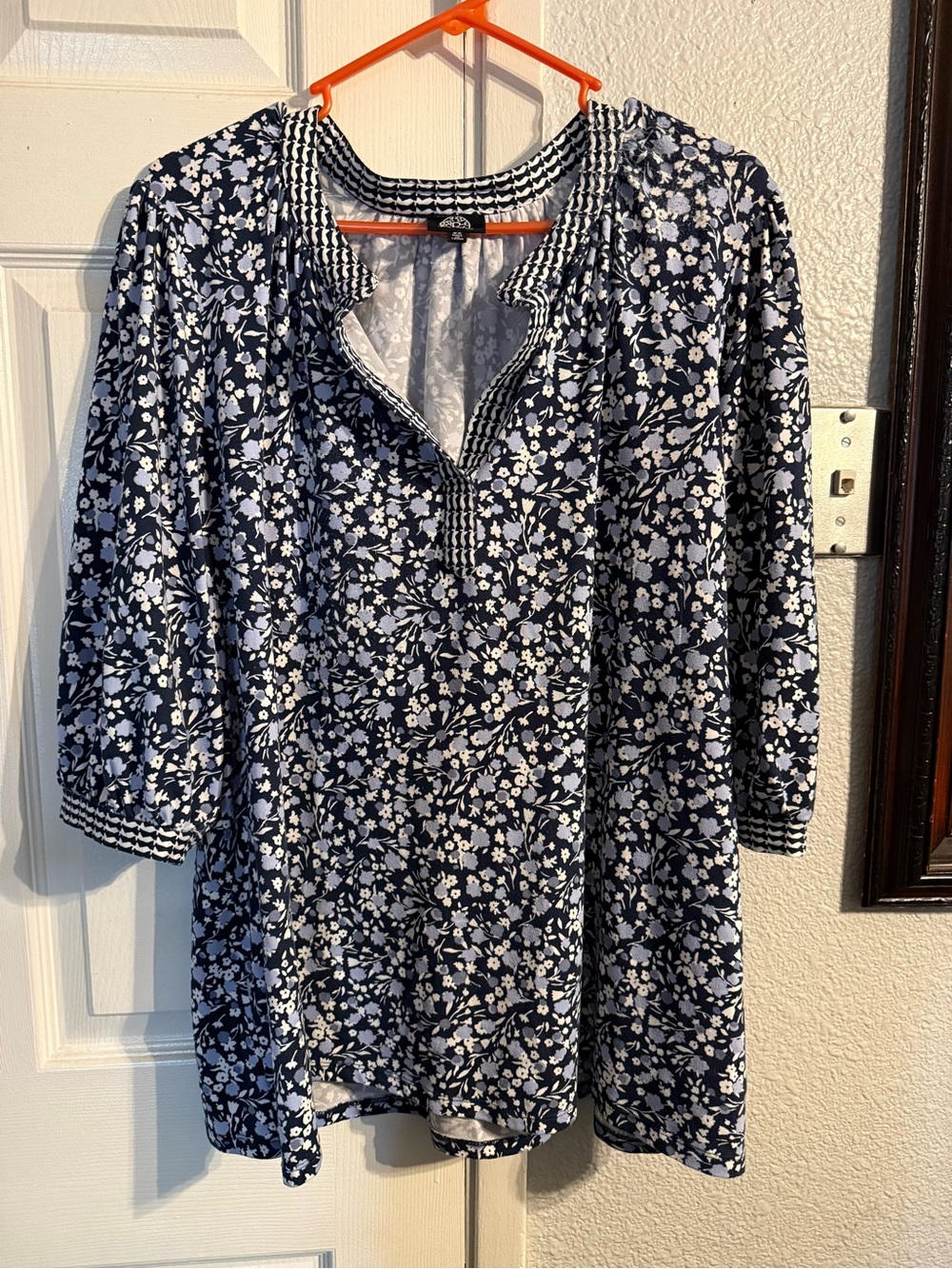 Bobeau Navy and White Floral Tunic with Check Trim